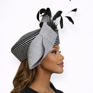 KaKy Co. Black Silver Metallic Beret Hat Bow Feathers